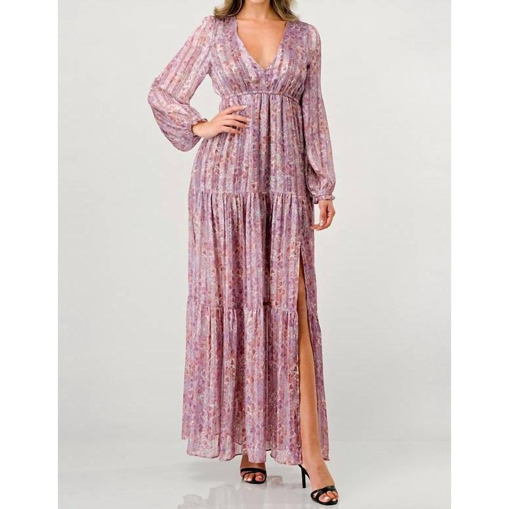 Meet Me In Santorini Gold Blush Floral Metallic Maxi Dress V-Neck Medium